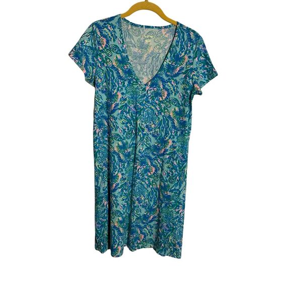 Lilly Pulitzer ETTA FLORAL PIMA COTTON SHIFT MINIDRESS IN SURF BLUE CORAL OF THE - Picture 2 of 5